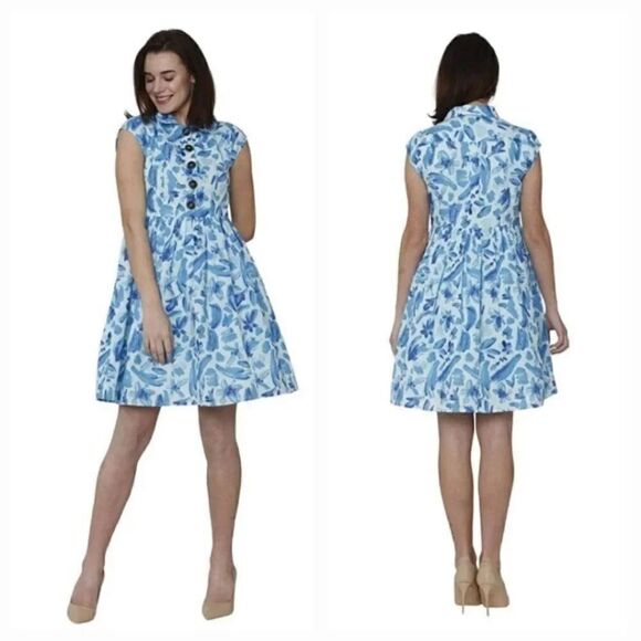 NEW Vero Moda Linen Floral Button Down A-line Mini Dress in Cool Blue Size XS - Picture 1 of 12